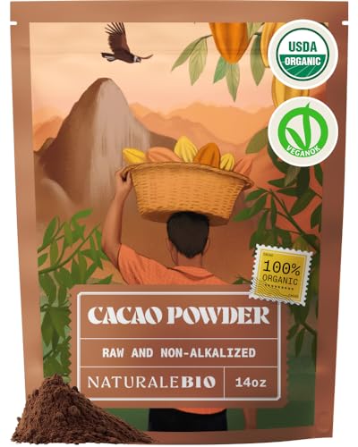 NaturaleBio Cacao Powder Organic 14oz. Unsweetened, Non-Alkalized and Pure. Cocoa Powder Substitute with Rich Dark Chocolate Flavor. Non-GMO, Gluten Free, Tested for Heavy Metals. From Raw Cacao Beans