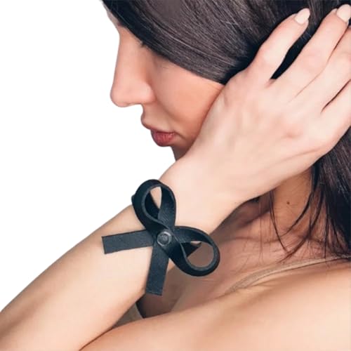 Adjustable Women's Fashion Leather bow Restraints- Ideal for Dresses, Jeans and Jackets, Black Faux Leather Bow Bracelet – Adjustable Cuff Wristband for Women & Men