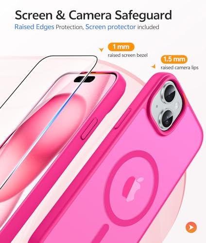 Image of FNTCASE for iPhone 15 Case: for iPhone 14 Case & iPhone 13 Case [Compatible with Magsafe] Translucent Matte Cases with [Screen Protector] Military Grade Shockproof Protective Phone Cover - Hot Pink