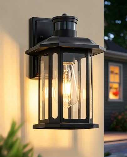 FTL Applique Extérieure avec Détecteur de Mouvement, 3 Modes E27 Lanterne Murale pour Extérieur, Noire Porche Luminaire Exterieur avec Capteur de Mouvement,...