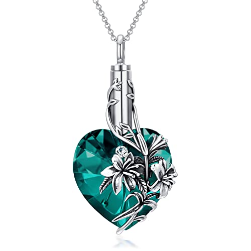 Toupop Lily Urn Necklace Heart Cremation Jewelry For Ashes 925 Sterling Silver Flower Pendant Necklaces With Crystal W/Funnel Filler Memorial Keepsakes Jewelry Gifts For Women Girls #TOP16