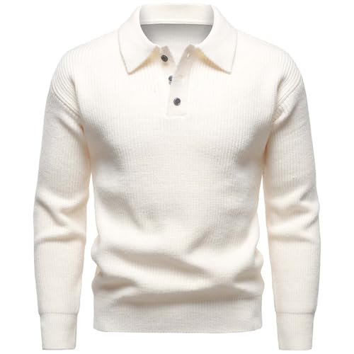 Mens Long Sleeve Sweater Fall Knitted Slim Fit Collared Pullover Sweaters Lightweight Fashion Shirt Casual Button Top Beige