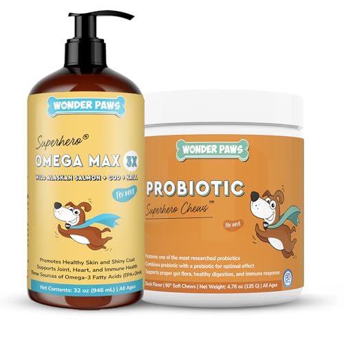 WONDER PAWS Omega Max Fish Oil Plus Probiotic Chews - for Dog Joint Health, Skin Moisture, Gut Health & Daily Wellness - Omega Max 32 Ounces - Probiotic 90 Chews