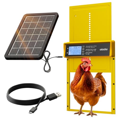 Okkobi Porte Automatique Poulailler Solaire - Ecran LCD - Télécommande, capteur de lumière et minuterie - Sécurité et tranquillité d'esprit : Fonction Anti-pincement - Protection 5 Ans