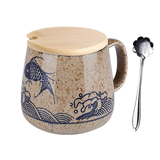Taza de café con tapa,Taza de leche de cerámica con tapa,Cappuccino Tazas de gres 400 ml,Taza japonesa pintada a mano Taza de agua subesmaltada de gran capacidad Taza de desayuno