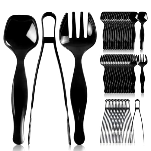 18 Count Plastic Serving Utensils Set, Disposable Serving Utensils for Catering Party Events, Including Black Plastic Spoons, Tongs and Forks (Black, 18pcs utensils)