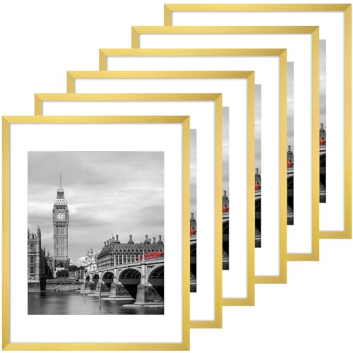 Fixwal 11x14 Picture Frame Set of 6 with Shatter Resistant Plastic Glass Thin Border and Light Weight Photo Frames for Wall Gold