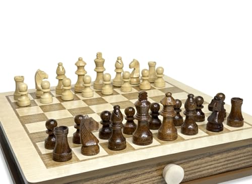 Image of PALM ROYAL HANDICRAFTS 11.5 x 11.5 inches - Engraved Series - Non- Magnetic - Wooden Chess Board Set with Storage Drawers Made with Teak & Maple Veneer Wood.