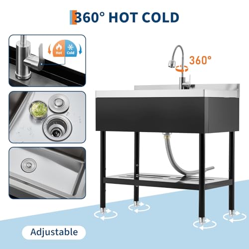 Image of Garvee 36 inch Black Stainless Steel Utility Sink with Faucet, Adjustable Height Freestanding Commercial Sink with Hot & Cold Water, Shelf, Basket & Drain Kit for Kitchen, Garage, Laundry, or Outdoor Use