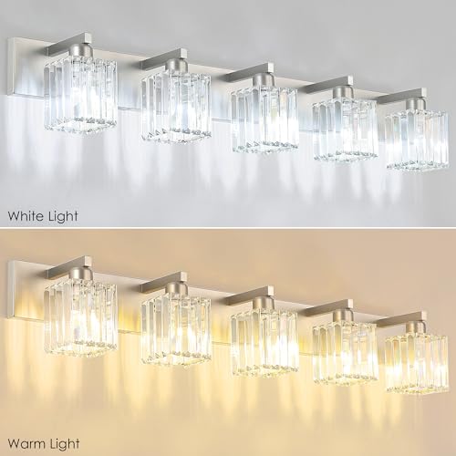Image of Aipsun Brushed Nickel Bathroom Lighting Fixtures 5 Light Vanity Light Crystal Modern Bathroom Vanity Light (Exclude Bulb)