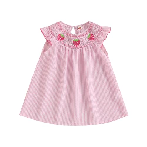 Toddler Girl Casual Summer Dress Sleeveless Watermelon/Animals Embroidery Smocked A-Line Dress Birthday Party Princess Dress