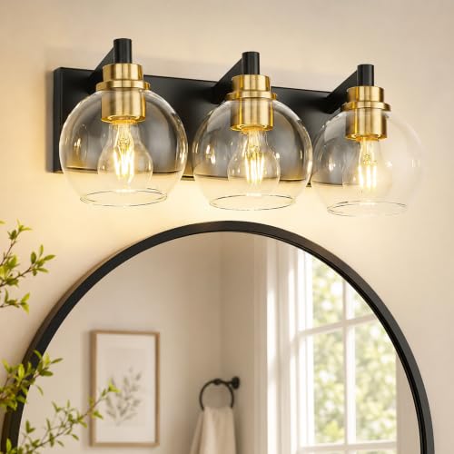 Image of 3-Light Bathroom Vanity Light, Black and Gold, VL195-KG-3 | 18 Inch, Metal Frame, Modern Wall Sconces with Globe Clear Glass Shade, Bathroom Light Fixtures Over Mirror, E26 Base