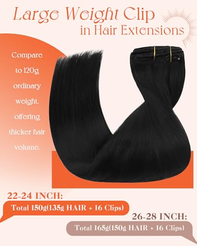Image of Sunny Hair Clip in Hair Extensions Real Human Hair Black 26 Inch 165g | Extra Long Hair Extensions Clip in Human Hair Black, Silky Straight Texture, Length Enhancement for Concert Hairstyles