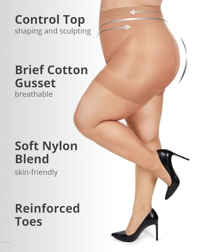 Image of MeMoi Plus Size Curvy Control Top Pantyhose for Women, Comfortable Silky Sheer Pantyhose, Lightweight Womens Stockings
