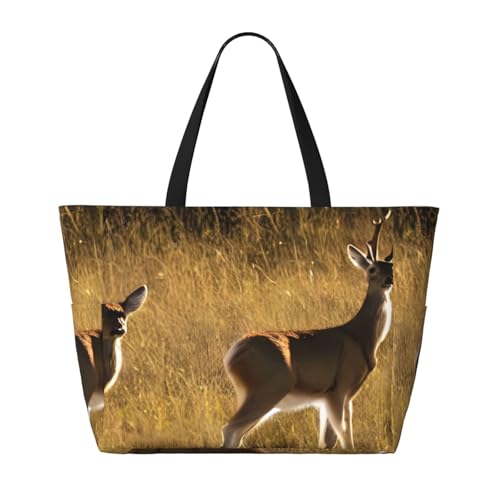 Cute Deers Print Beach Tote Bag Waterproof Large Bags With Zipper Big Capacity For Vacation Travel2