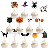 24 PCS Halloween Cupcake Toppers, 12 Designs Halloween Cake Decorations, Pumpkin Ghost Spooky Cake Topper, Halloween Birthday Cake Toppers for Theme Babyshower Kids Party Supplies