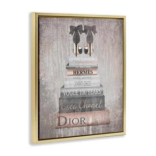 Image of 'Book Stack Heels Metallic Pink'| Floating Frame Canvas Art | Stupell Industries | Gold, 17 x 21 Inches, Easy to Hang and Sturdy, Made in USA, by Amanda Greenwood