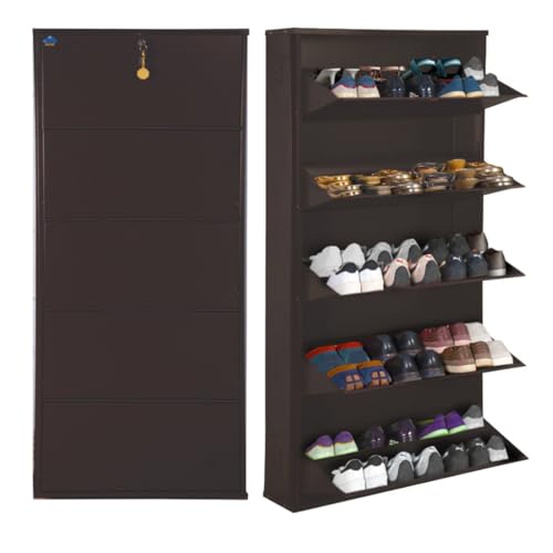 Image of DELITE KOM 29 inch Wide, 10 Shelf Metal Shoe Rack Wall Mounted for Home with Central Lock | Holds Upto 36 Shoes or 60 Slippers Pair | Double Decker, 1Yr Warranty, (67x29x8, Coffee), DIY, Space Saver