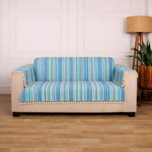 Image of Gifts Island 2 Seater Cotton Sofa Cover Mat | Anti Slip Armchair Cover Throw | All Over Furniture Protector with Elastic Straps | Washable Couch Cover for Living Room (Blue, 2 Seater)