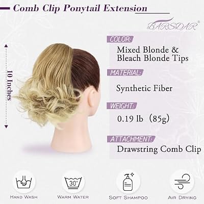 BARSDAR Straight Hair Bun + Comb Clip Ponytail -Mixed Blonde & Bleach Blonde Tips