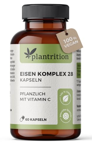 plantrition Eisen Komplex 28MG – Eisen mit Vitamin C aus Acerola und Hagebutten (50MG), vegane Alternative zu Eisentabletten, 60 Kapseln