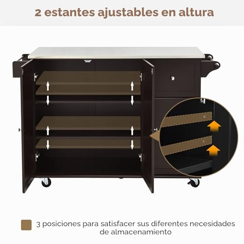 Miniatura 5 de Komfotteu Isla De Cocina Con Encimera De Acero Inoxidable, Carrito De Servicio Con 3 Cajones, Toallero Y Estantes Ajustables, Armario De Cocina Con 5 Ruedas, 135 X 45,5 X 91,5 Cm Negro
