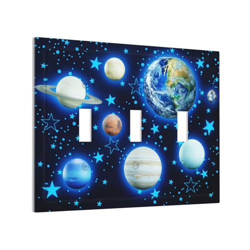 Blue Stars Planet 3 Gang Light Switch Cover Decorative Wall Plate Triple Toggle Switchplate Electrical Faceplate for Home Nursery Decor