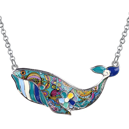 Bonsny Signature Ocean Collection “Tess” Statement Alloy Chain Enamel Whale Pendant Necklace 18" (Blue) #TOP16