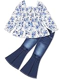 Perdeca Toddler Girl Clothes Floral Print Square Neck Shirts Flared Jeans Girl Outfits 5T 6T