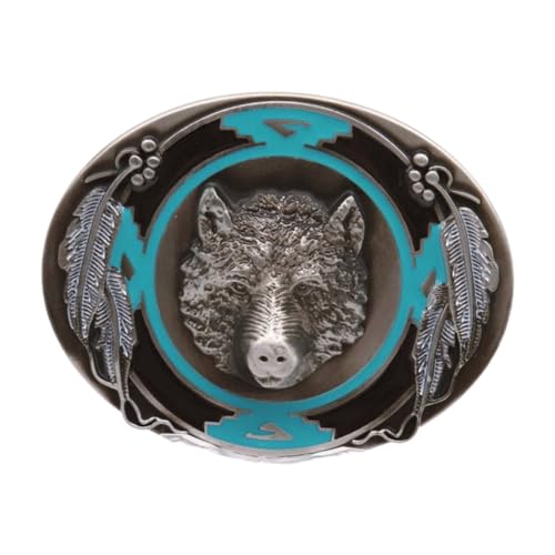 Men Women Belt Buckle Western Cowboy Fashion Silver Metal Oval Bear Feather Blue Black