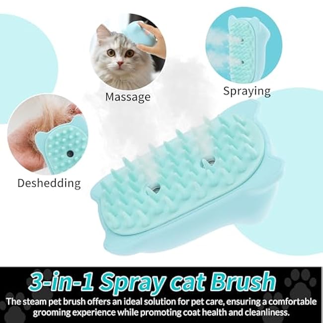 Cat Steam Brush, 3 in 1 Cat Steamy Brush for Shedding Grooming Brush With Steam, Rechargeable Silicone Pet Brush for Cat Dog Shedding, Massage, and Clean Comb -Little Blue-QSfUZeUG