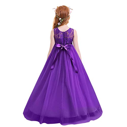 Flower Girl Lace Dress For Kids Formal Wedding Bridesmaid Long Princess Dresses Pageant First Communion Dance Prom Gown Little Baby Baptism Big Girls Birthday Floor Length Puffy Tulle Skirt Purple 7-8 #TOP1
