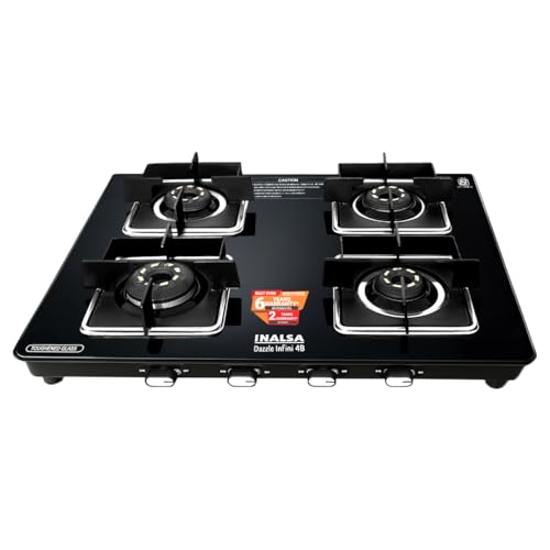 INALSA Premium Slim Gas Stove 4 burners Glasstop ≈77cm|6Yr Warranty on Glass & 2Yr on Burner|8mm Toughened Glass|Commercial Brass Burner|LPG Ready&PNG Compatible| 4 Burner Stove (Dazzle Infini 4B)