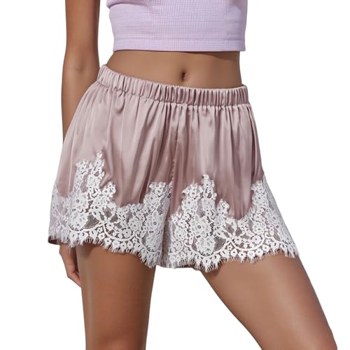 Image of Himllauen Women Summer Casual Satin Shorts Contrast/Solid Color Lace Trim Coquette Elastic Waistband Streetwear Holiday Beachwear Shorts Lounge Wear Pjs (Pink A, XL)