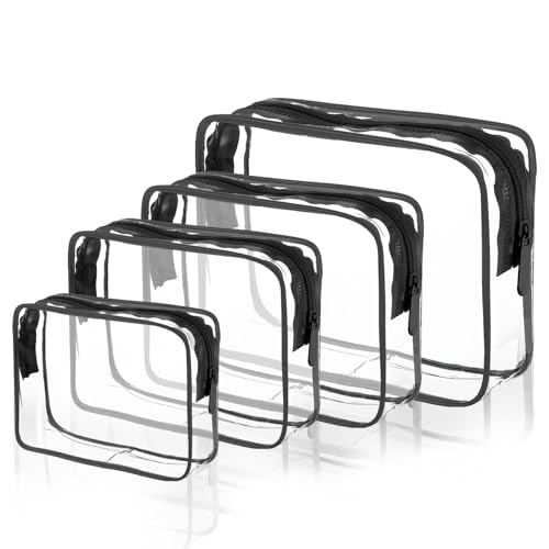 TSA-Approved Clear Cosmetic Bag, 4 Pcs Waterproof Clear Plastic Cosmetic Makeup Bags, Transparent Packing Organizer Storage Bags.Christmas Gift for Mother,Wife,Grilfriends(Black).