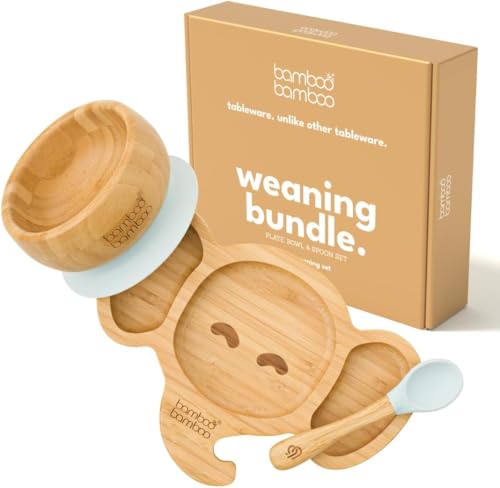 bamboo bamboo Baby Plate & Baby Bowl Set, for Feeding and Weaning Elephant Plate, Toddler Bowl & Baby Spoon, Suction Plates for Babies from 6 Months (Grey)