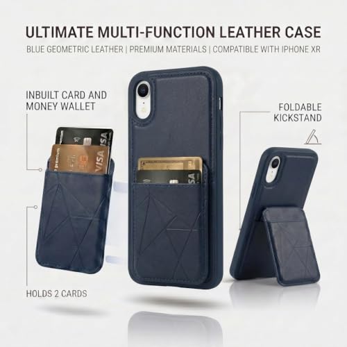 Image of amazon basics Premium Vegan Leather Back Cover with Card Holder and Integrated Mobile Stand for iPhone XR - Slim Shockproof Wallet Case with Geometric Stitching [Blue]