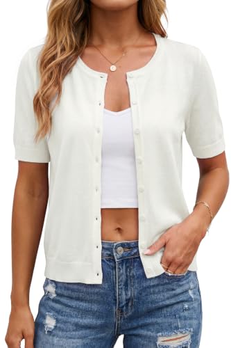 Image of Arach&Cloz Women's Wool Blend Cropped Lightweight Short Sleeve Summer Business Casual Cardigan Tops