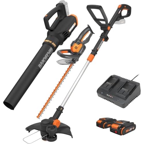Worx 20V String Trimmer + Turbine Blower + Hedge Trimmer (Batteries & Charger Included) 12" String Timmer + Leaf Blower + Hedge Trimmer Combo