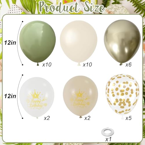Image of Sage Green Sand White Gold Birthday Balloons, 12 Inch Olive Green Cream Beige Sand White Printed Balloons with Metallic Light Gold Confetti Balloon for Women Girls Boys Birthday Party Decorations
