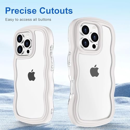 Image of GoldKart iPhone 16 Pro Case Wavy Edge Clear Back Design, Anti-Slip Grip Cute Wave Curly Frame Shape Shockproof Soft TPU & Hard PC Bumper Protective Phone Case Cover for Women Girls - White