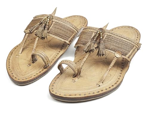 Image of KORAKARI Mens Handmade Kolhapuri Chappal Smooth and Comfortable, Stylish Durable Anti Slip Design Flip Flops Slippers Genuine Leather Traditional Indian Footwear.