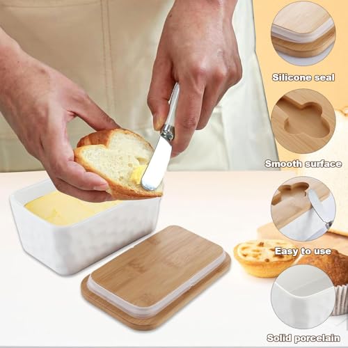 Burriera in ceramica, 500 ml, in metallo, contenitore per burro in porcellana, contenitore per burro in ceramica, con coperchio in bambù e coltello per burro, noci, formaggio (bianco) - immagine 4