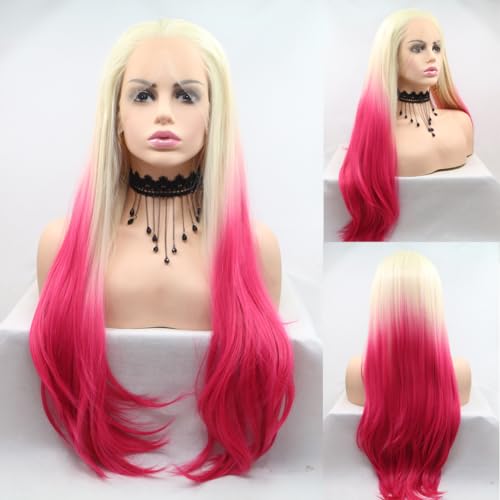 Angle Lucky Blonde Omber Pink Wigs for Women Long Straight Blonde to Red Wig Synthetic Lace Front Wig Heat Resistant Fiber Glueless Wigs Cosplay Daily Use 24’’