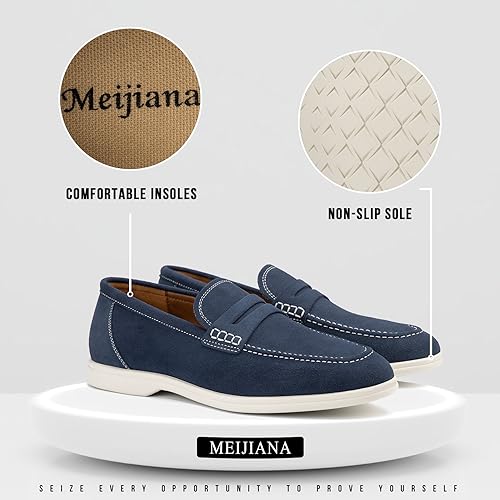 Image of Meijiana Men's Genuine Leather Loafers Slip-On Moccasins Suede Dress Shoes, Lightweight and Breathable with Rubber Sole Stylish Mens Loafers