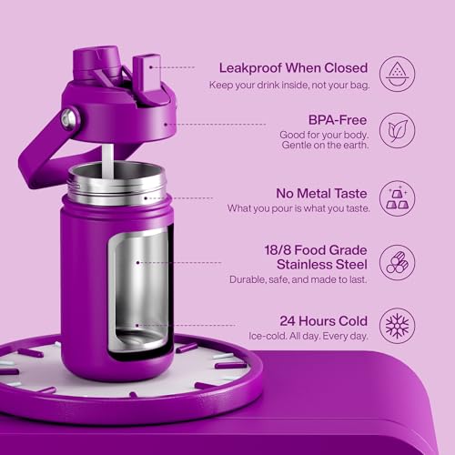 Image of Kids Insulated Water Bottle with Straw - 12oz Stainless Steel Water Bottle with Dual Spouts, Leak-Proof, BPA-Free, Double Wall Vacuum Keeps Cold for 24 Hours for Sports, Travel (Bright Magenta)
