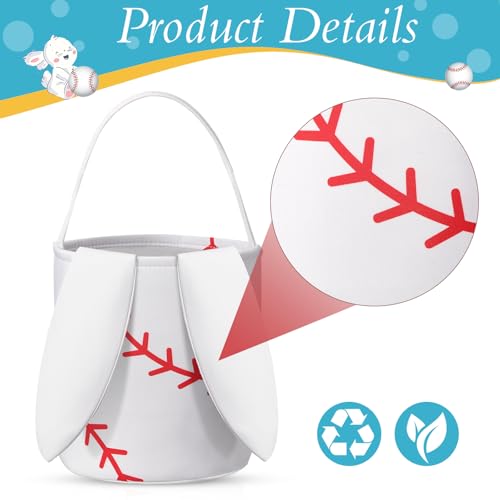 Image of Kacctyen Easter Baseball Bunny Basket Easter Sports Baskets with Rabbit Ears Tote Easter Snack Bags for Easter Egg Hunt Game