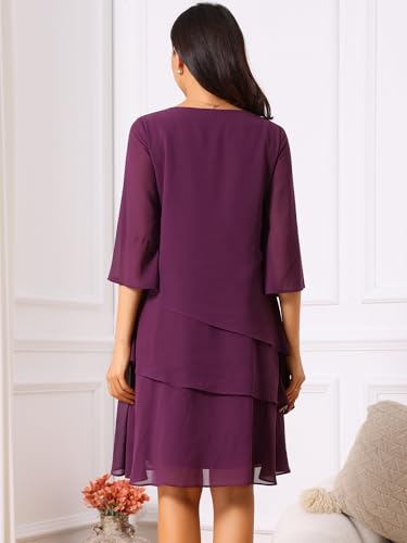 Image of Seta T Women's Chiffon Dresses 3 /4 Bell Sleeve Crewneck Tiered Layered Flowy Dress Party Wedding Outfits