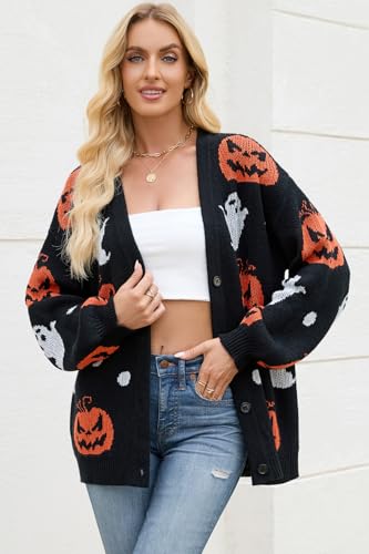 Cardigan Sweaters for Women Halloween Pumpkin Ghost Long Sleeve Loose Casual Knit Cardigans Outwear Coat Tops3
