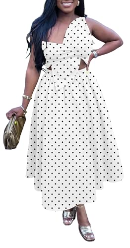 Image of YUEWOO Midi Dresses for Women Casual Summer Sundresses Vacation Outfits Spaghetti Strap Smocked Women Maxi Dress with Pockets